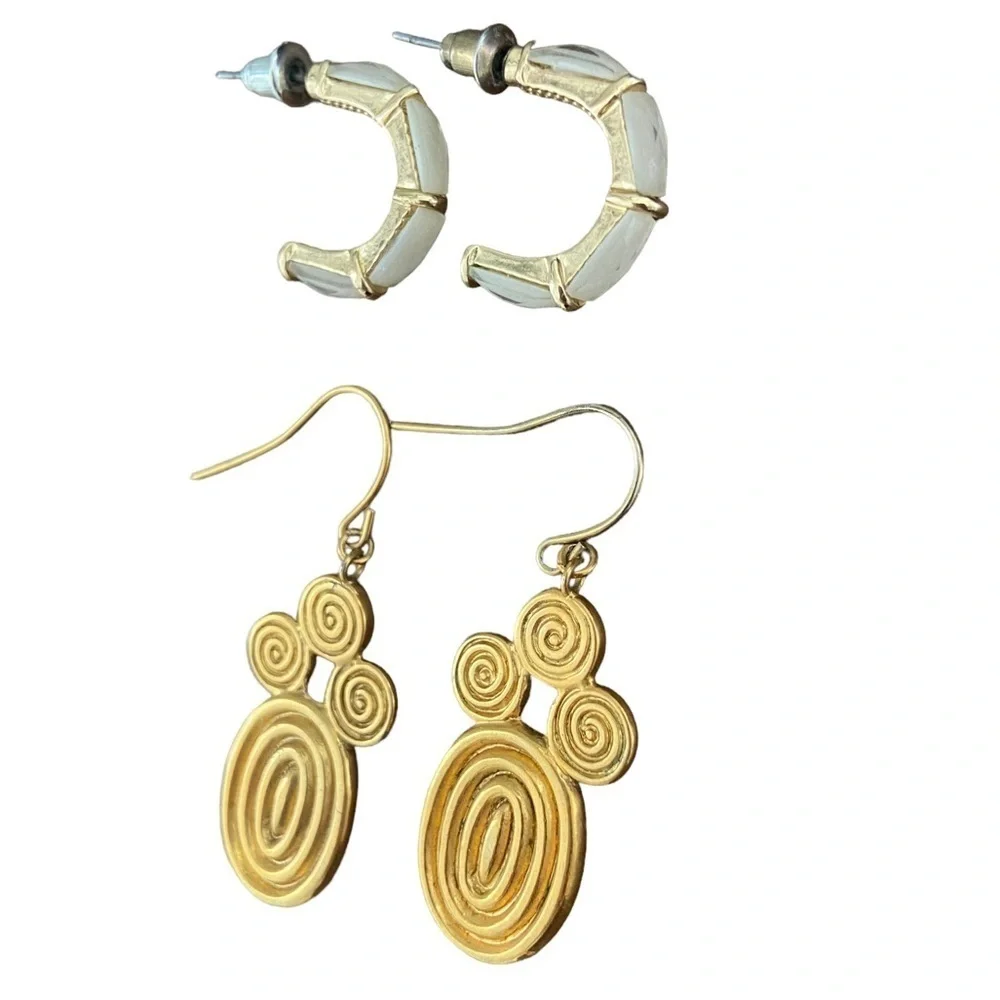 Vintage Bohemian Earrings Set Gold Mother of Pearl - Picture 2 of 5